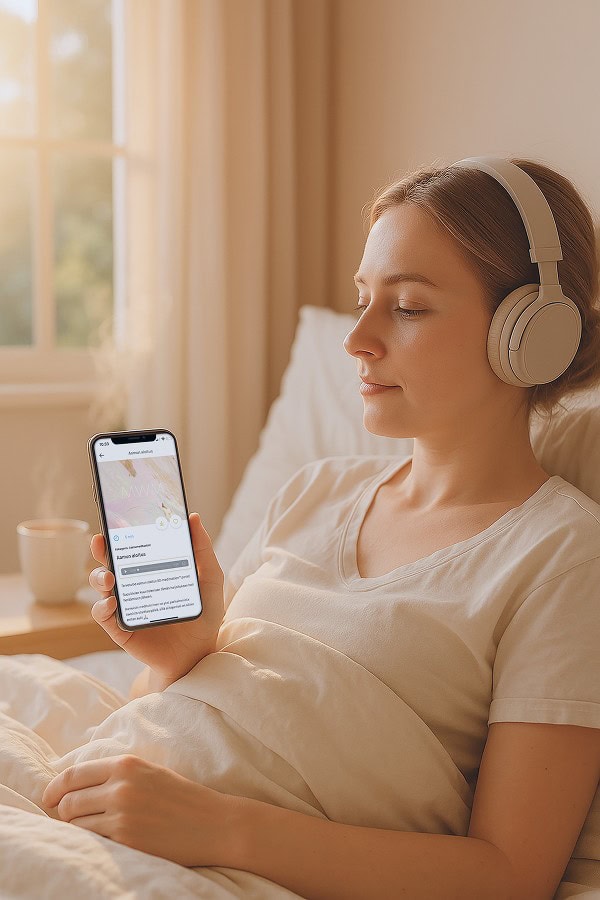 8dmeditaatiot-kuvituskuva-appi nainen meditointi sovellus kädessä