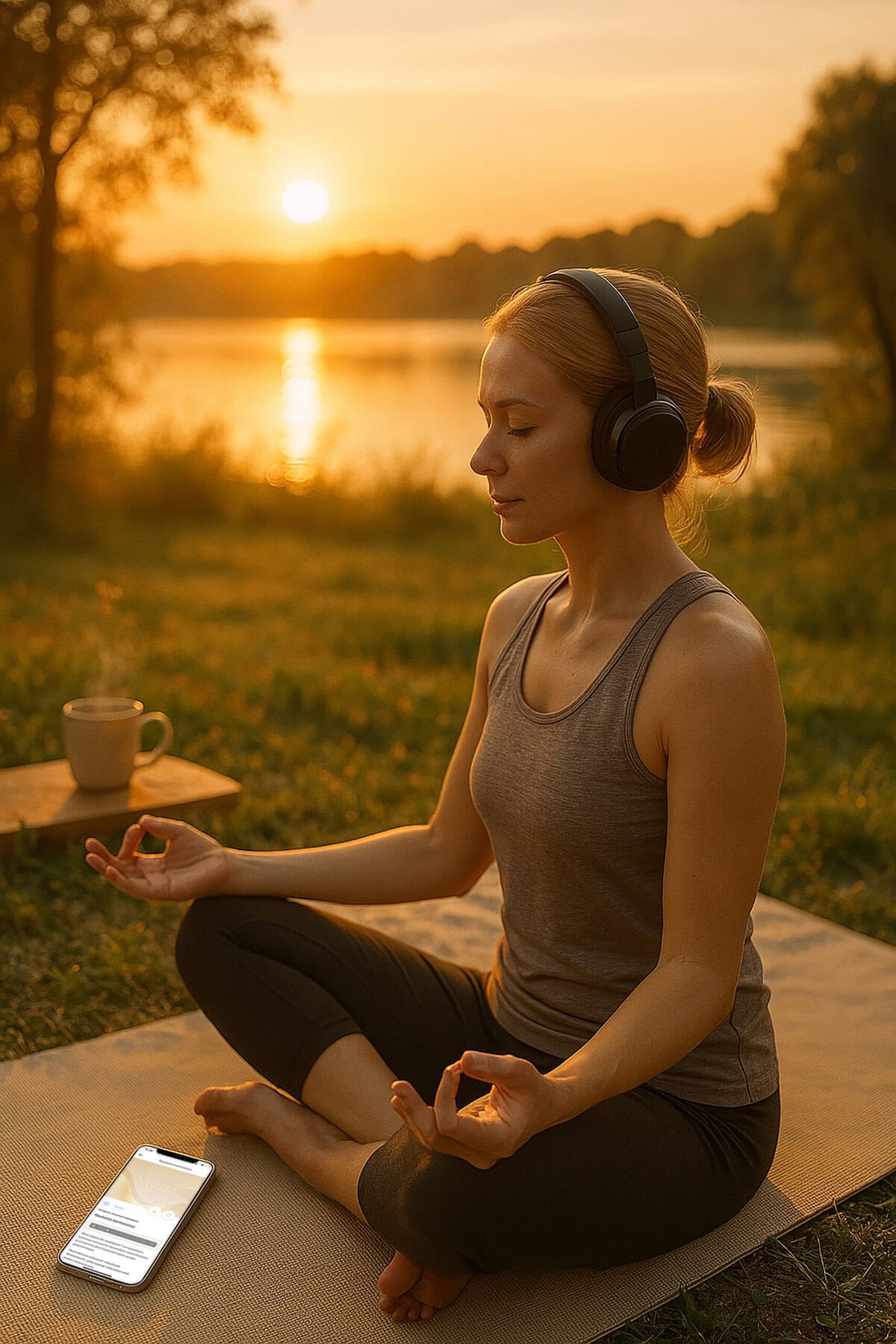 nainen tekee rentoutusharjoitusta 8D-meditaatiot sovelluksessa